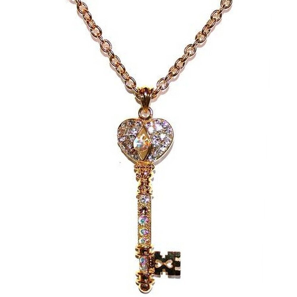 3" Chunky Gold Tone Aurora Borealis Ab Crystal Heart Love Key Necklace Triple Pl
